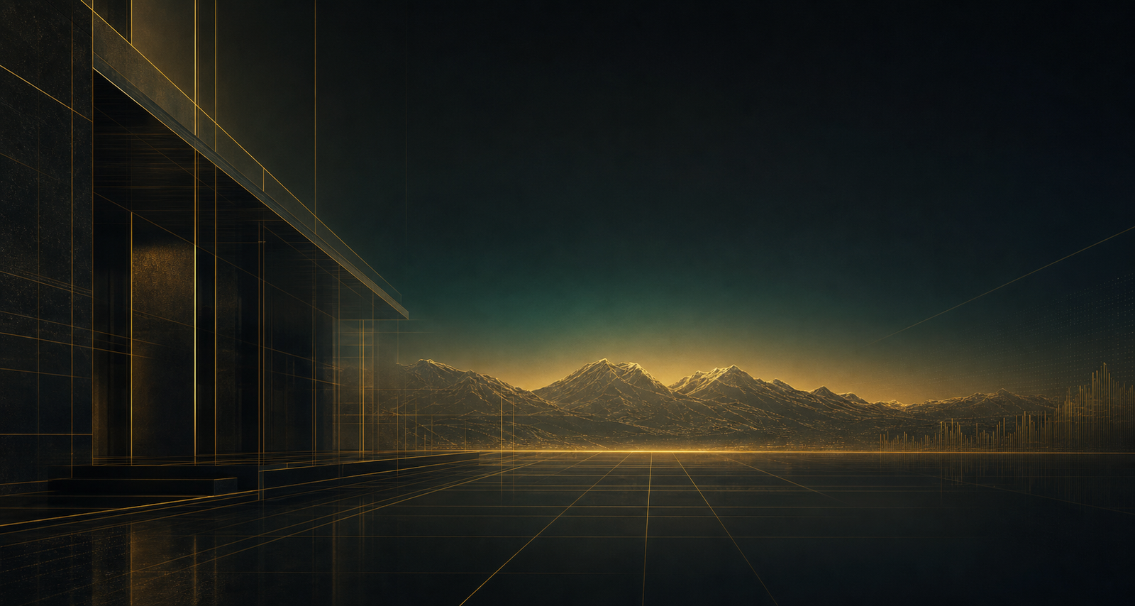 Representación abstracta de una institución financiera frente a la cordillera de los Andes